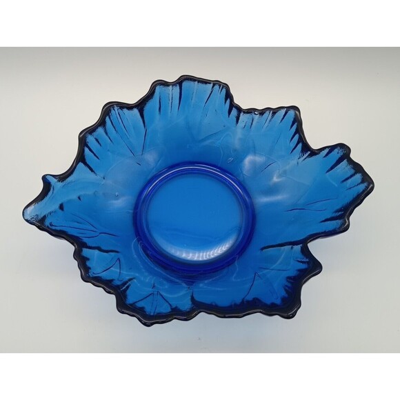 Cobalt Blue Recycled Art Glass Bowl Centerpiece Arrows Leaf - Picture 3 of 9